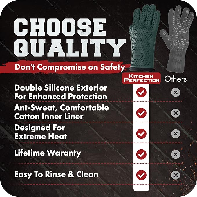 Kitchen perfection XL Silicone Smoker Oven Gloves-Extreme Heat Resistant BBQ Gloves-Handle Hot Food Right on Your Grill Fryer&Pit|Waterproof Grilling Cooking Baking Mitts|Superior Value Set+3 Bonuses