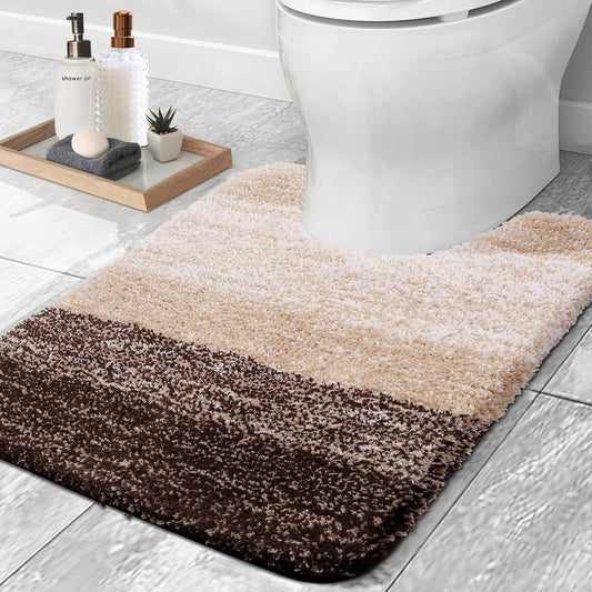 OLANLY Luxury Toilet Rugs U-Shaped 24x20, Extra Soft and Absorbent Microfiber Bathroom Rugs, Non-Slip Plush Shaggy Bath Mat, Machine Wash Dry, Contour Bathroom Mats for Toilet Base, Brown
