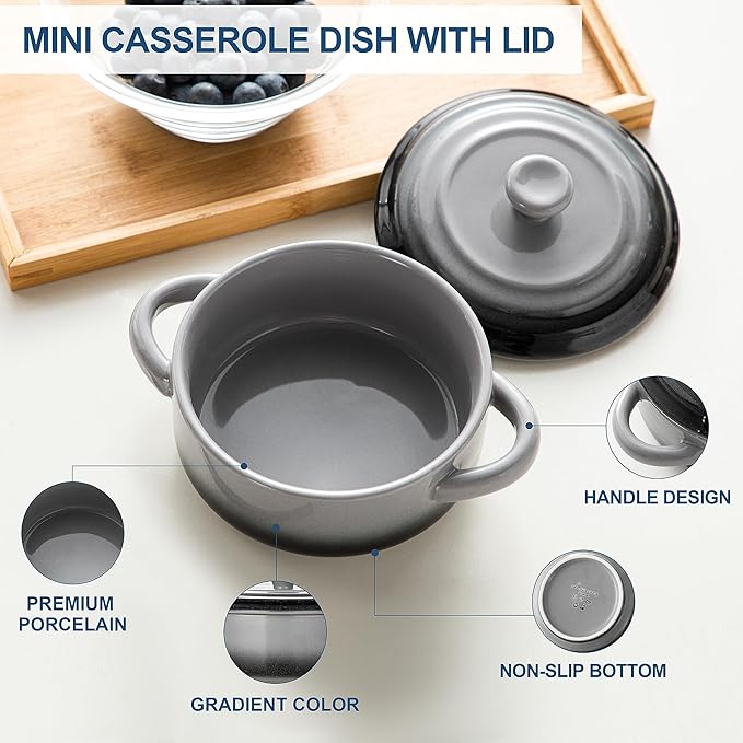 LOVECASA Mini Cocotte with Lid,12 OZ Small Casserole Dish for Oven,Mini Casserole Dish,Individual Ramekins with Lids,Oven, Microwave & Dishwasher Safe,Set of 4