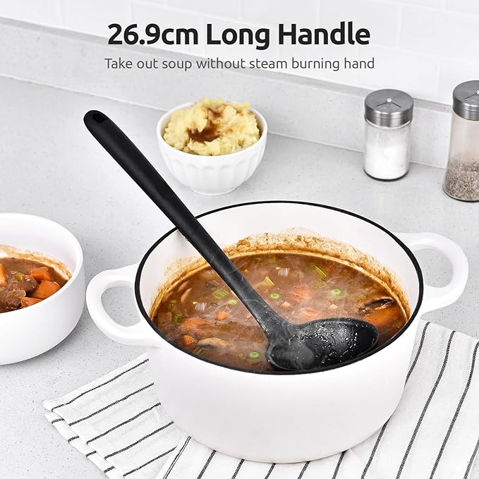 13 inch Silicone Soup Ladle: U-Taste 600ºF Heat Resistant 4 oz Large Non-stick Seamless Rubber Kitchen Deep Serving Spoon with Non Slip Solid Long Handle for Cooking Sauce/Stews/Gravies/Chili(Black)