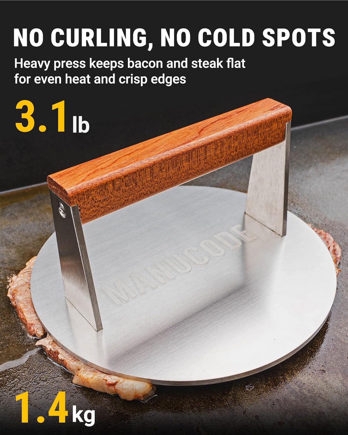 Smash Burger Press 8 Inch, 3.1 Lb Burger Smasher, Heatable for Searing Panini, Steak, Chicken, Salmon, Stainless Steel Bacon Press, Flat Bottom, Seasoning Free, Wooden Handle No Spin