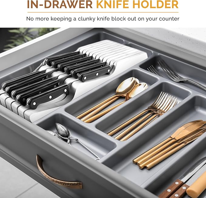 In-Drawer Knife Block Organizer - Bamboo Wood Drawer Knife Organizer - Holds 5 Long + 6 Short Knives (Not Included) - Store Knives with Blades Pointing Down