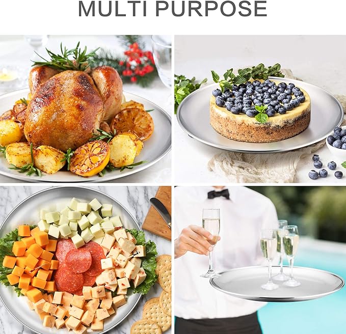 P&P CHEF 12 + 13.5 + 13.5 Inch Pizza Pan, 3 Pieces Stainless Steel Round Pizza Tray Dish Plate For Oven Baking Roasting, Healthy & Heavy Duty, Rust Free & Dishwasher Safe -Silver