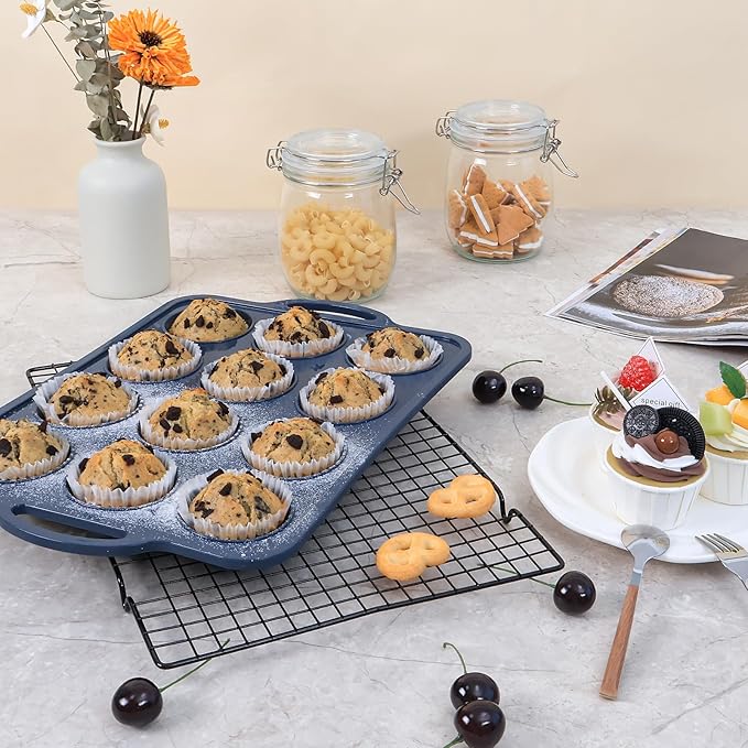 Silicone Muffin Pan with Metal Frame, Non Stick Silicone Cupcake Pan with Handles Regular 12 Cup, BPA Free Silicon Muffin Tin Tray for baking, egg bites, Cupcake Mold Grey