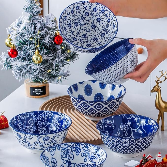 Ceramic Soup Bowls Set - 24 Oz Deep Cereal Bowl for Kitchen - 6 Inch Large Porcelain Dinner Bowl Eating Salad Pasta Dessert Oatmeal - Microwave Dishwasher Safe - Set of 6 - Vintage Blue