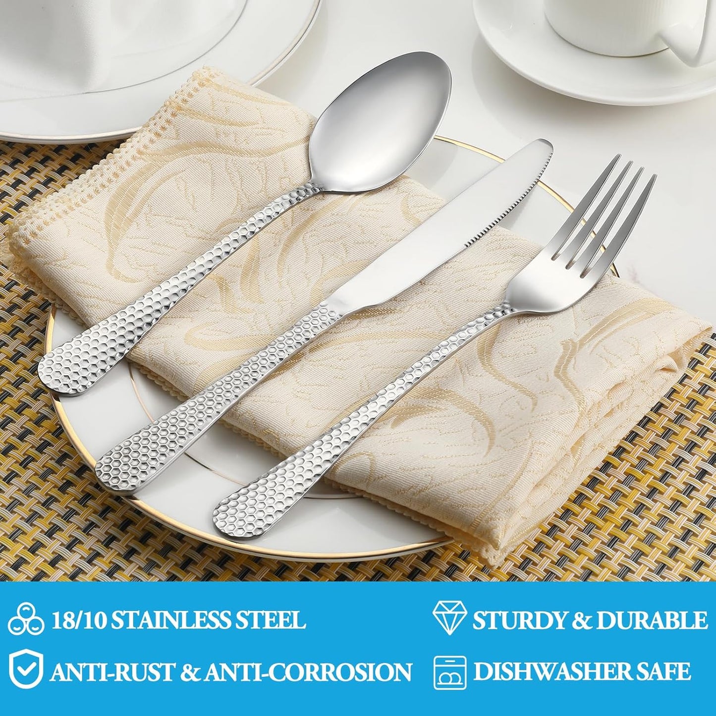 60 Pcs Hammered Silverware Set Service for 12,Stainless Steel Flatware Set,Mirror Polished Cutlery Utensil Set,Durable Home Kitchen Eating Tableware Set,Include Fork Knife Spoon Set,Dishwasher Safe