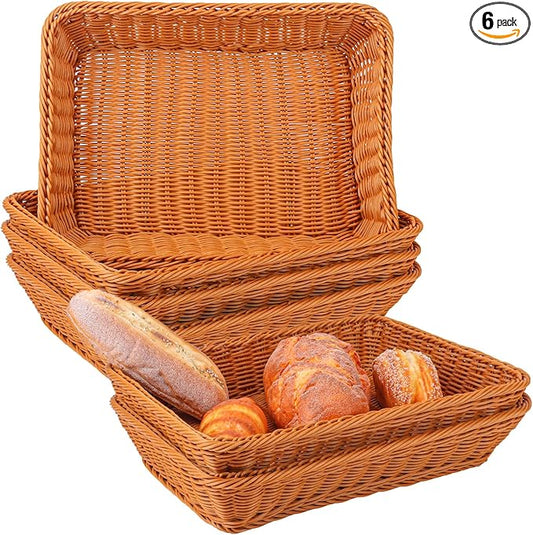 6 Pack 16 Inch Brown Wicker Bread Basket, Handmade Woven Organizer, Rectangular Fruit Baskets, Snack Basket Food Serving Baskets for Dining Table, Candies, Crackers, Fruit, Vegetables