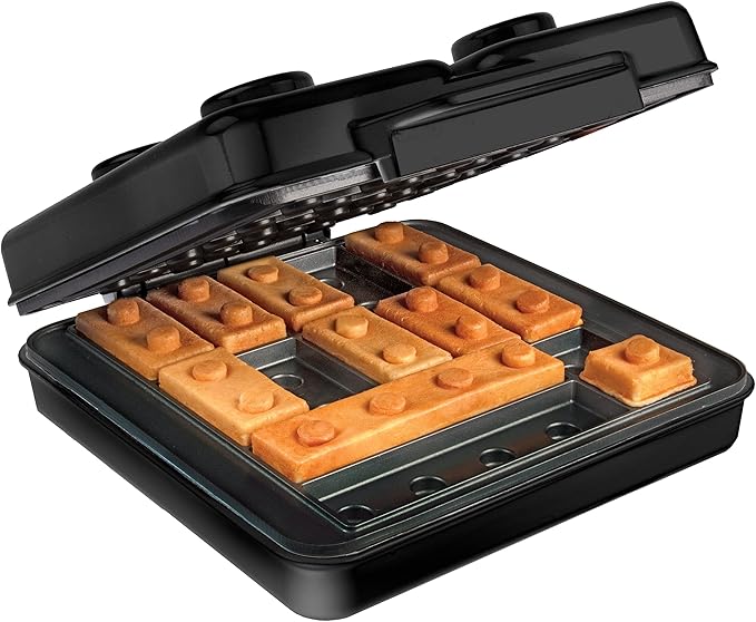 Building Brick Electric Waffle Maker- BLACK with 2 Construction Eating Plates- Cook Fun, Buildable Waffles or Pancakes in Minutes - Stack & Build Creations on Serving Dishes, Family Fun Activity Gift
