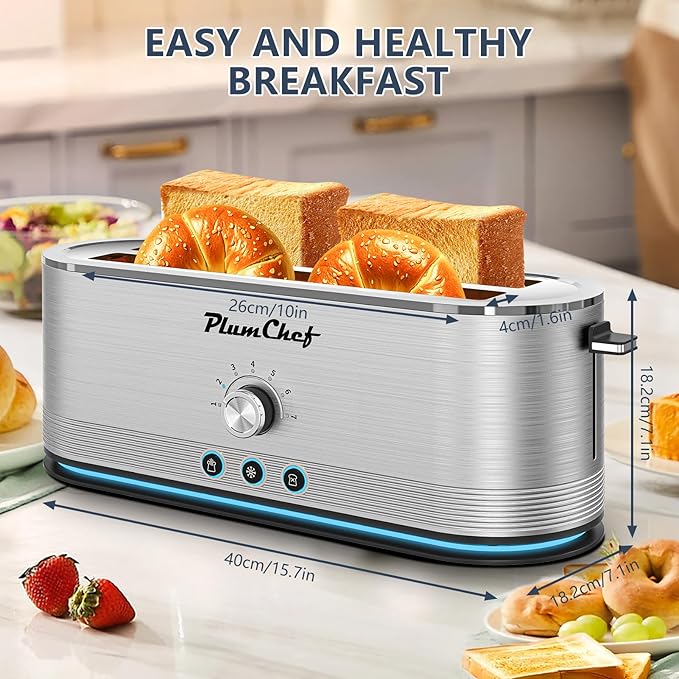 4-Slice long Slot Toaster, 7 Browning Settings, Defrost/Reheat Functions, Removable Crumb Tray, Full body Stainless Steel Housing, 1350W, Anti-Fingerprint & Anti-Jam (2, Sliver)