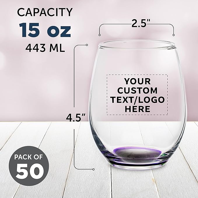 Custom Stemless Wine Glasses in Bulk by ARC Perfection, 15 oz, 50 pack, Personalized Text, Logo, Purple or White Wine Glass Set, Purple