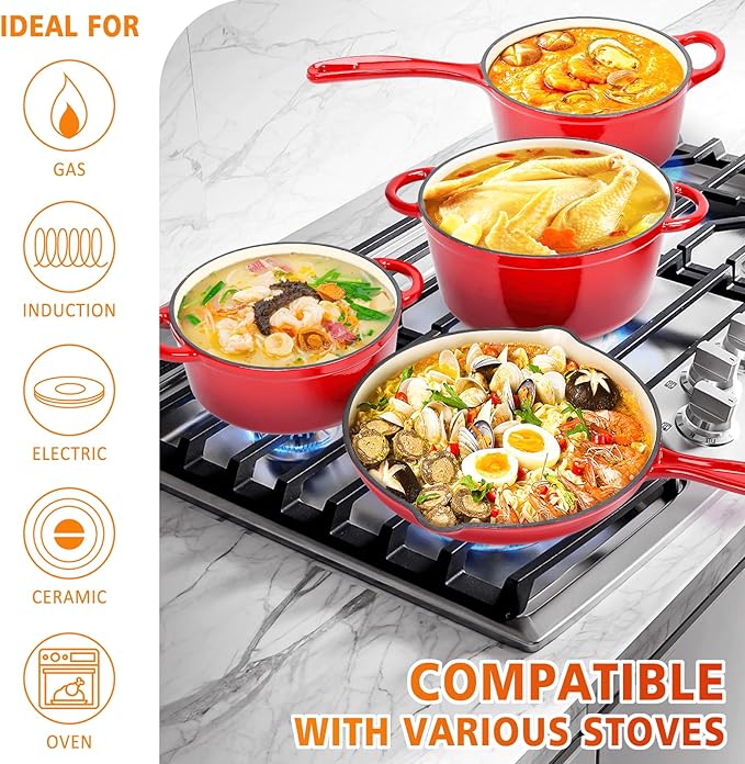 Hisencn Enameled Cast Iron Cookware Set - 7 Piece Dutch Ovens Set, Sauce Pan, Skillet, 3 Lids, Pots and Pans Set, Ceramic Coated Cast Iron, Heavy Duty, Gas/Induction Compatible, PFA Free, Rouge Red