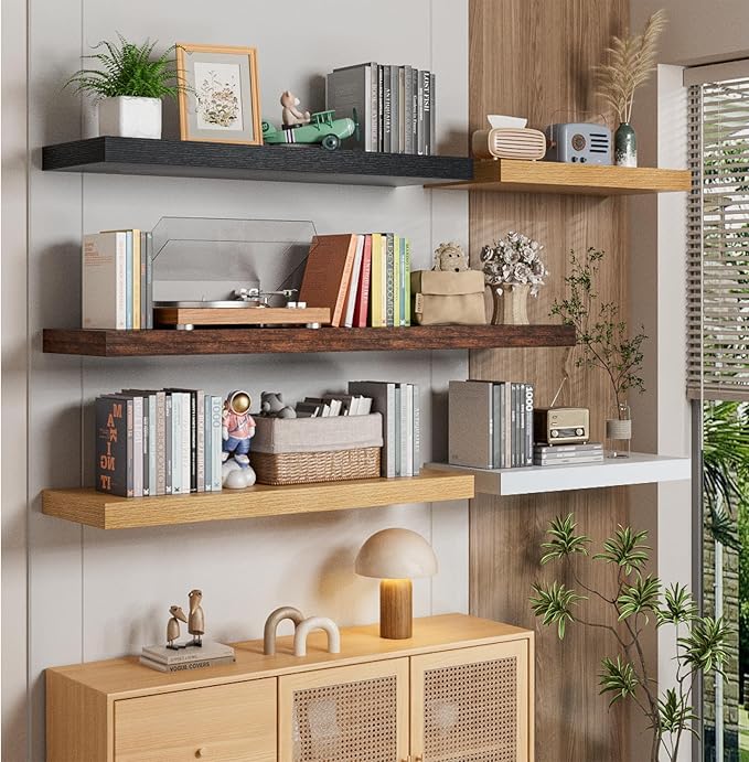 Heimlove 12" Deep White Floating Shelves for Wall, 24 Inch Wall Shelf Bathroom Shelves Set of 2, Wall Mounted Shelves for Books Living Room Laundry Room Bedroom Kitchen Home Office