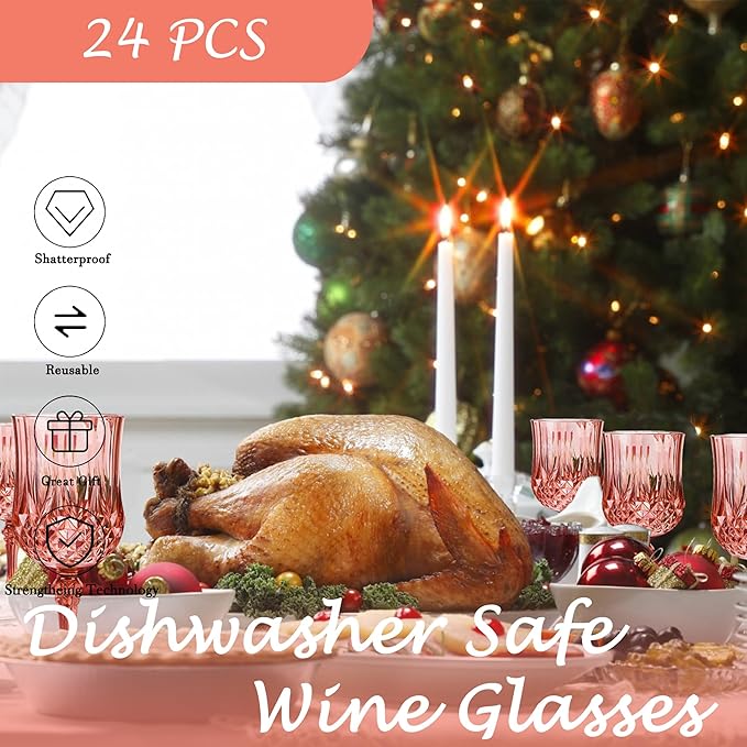 Plastic Wine Glasses，Plastic Goblets Vintage Style Cordial Drinking Glasses for Wedding Reception, Grand Event Party Supplies (24, Rose Gold)