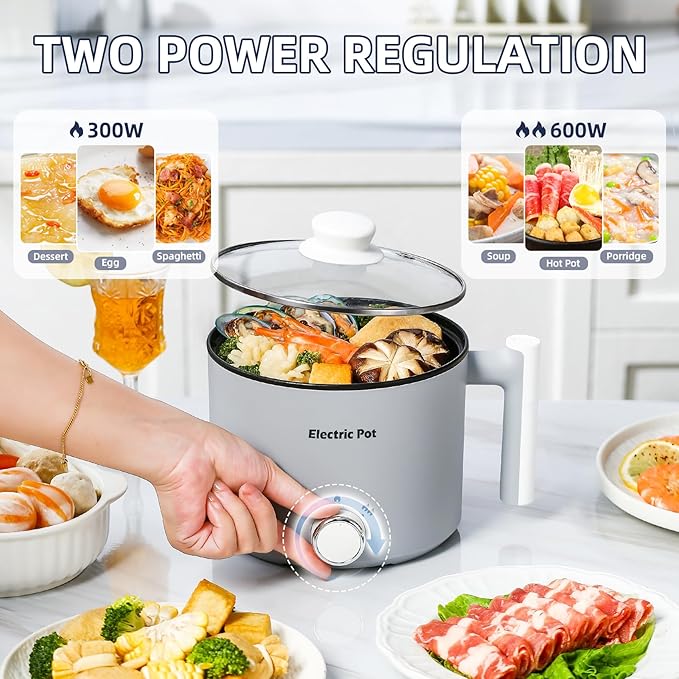 Electric Hot Pot:1.5 L Ramen Cooker, Dual Power Mini Portable Multi-Functional Lazy Pot for Pasta, Noodles, Egg, Soup, Non-Stick Noodle Cooker with Boil Dry Protection for Dorm, Office (Grey)