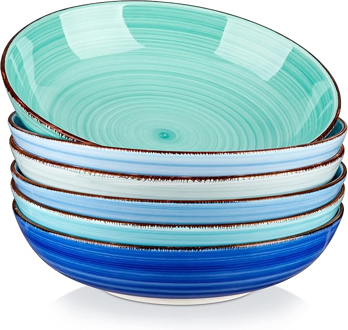 vancasso Bonita Pasta Bowls Set of 6, 38 oz Shallow Bowls, Ceramic Pasta Plates and Salad Bowls, Microwave & Dishwasher Safe Serving Bowls, Blue