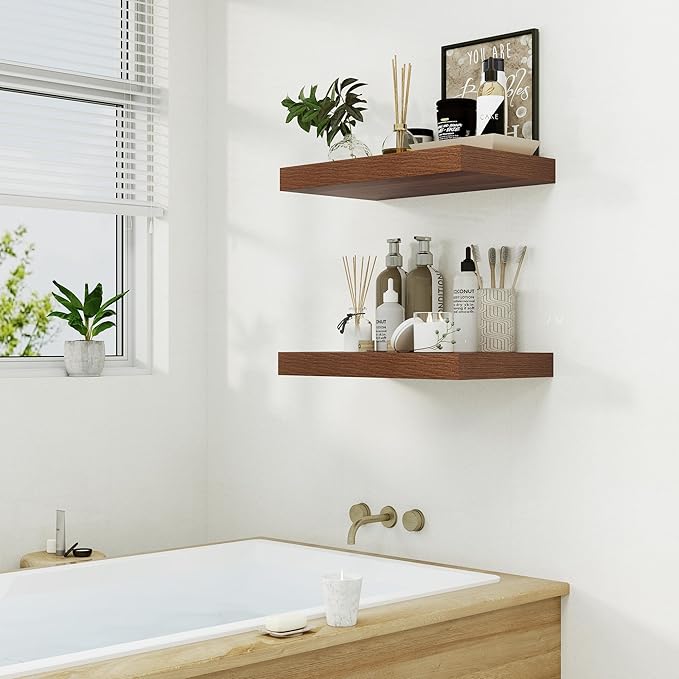Heimlove 12" Deep Floating Shelves for Wall, 24 Inch Wall Shelf Bathroom Shelves Set of 1, Wall Mounted Shelves for Books Living Room Laundry Room Bedroom Kitchen Home Office, Walnut