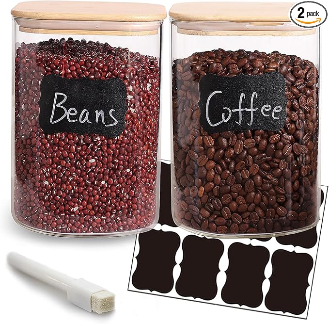 Large Glass Flour and Sugar Containers, Set of 2-120 oz Glass Food Storage Containers with Airtight Lids, Square Glass Jars with Bamboo Lids for Rice, Pasta, Cookies, Sugar