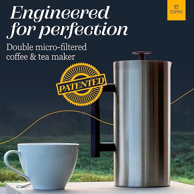 ESPRO P6 32 Ounces French Press Coffee Maker, Double Walled Stainless Steel Insulated, Brushed Stainless Steel