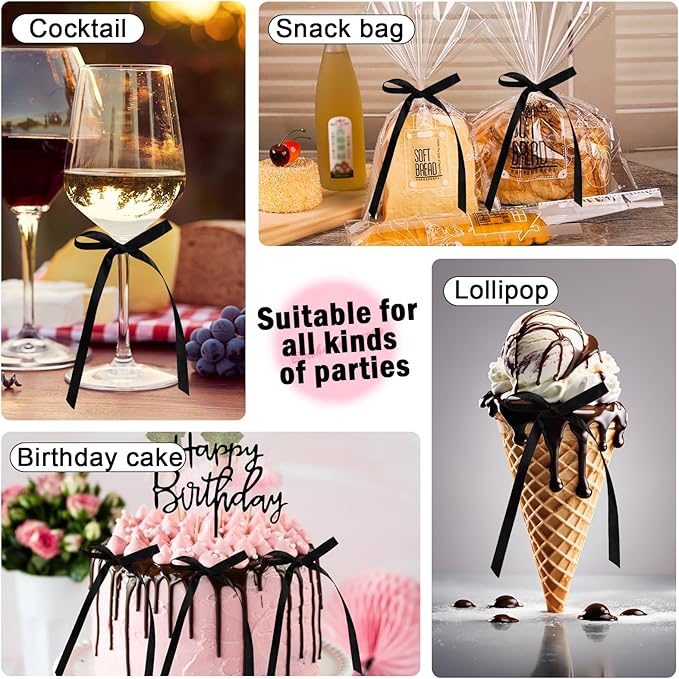 Black Bow Cake Topper Bowknot Ribbons Cupcake Toppers Bow Tie Cake Decorations Black Coquette Bows Cupcake Dessert Picks Happy Birthday Pick for Girl Birthday Princess Wedding Party Supplies 7Pcs