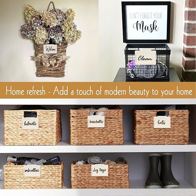 Basket Labels Clip on | Label Holders for Basket or Storage Bins Includes White Chalk Markers (8 Cream Holders + 2 Black Chalk Makers)