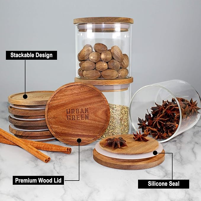 Urban Green Glass Jars with Airtight Lids, Airtight Canisters with Wood Lids, Glass Storage Containers with Bamboo Lid, Food Storage Containers Set (6 Pack of 27oz)