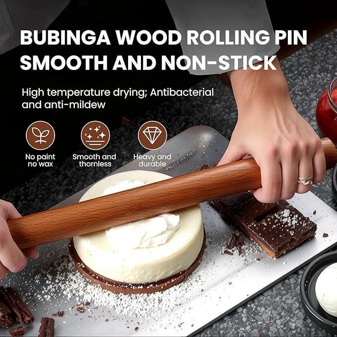 Natural Solid Bubinga Wood French Rolling Pin for Baking | Straight rod type | High-Density Professional Dough Roller (straight - 15.75‘L)