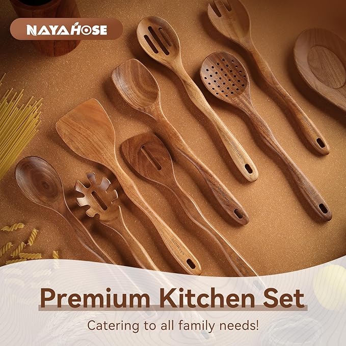 Wooden Spoons for Cooking with Holder,10Pcs Wooden Kitchen Utensil Set Non stick, Non Scratch Natural Teak Wooden Utensils for Cooking