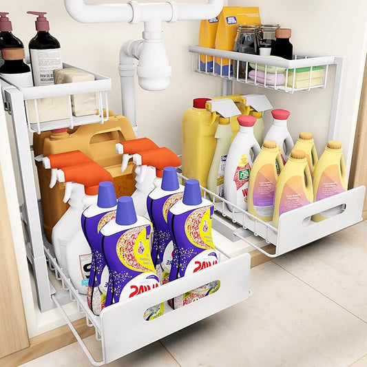 VUSIGN Under Sink Organizer, 2 Tier Pull Out Bathroom Cabinet Organizer, Under Kitchen Sink Organizers and Storage, Under Sink Shelf,2 Pack, White