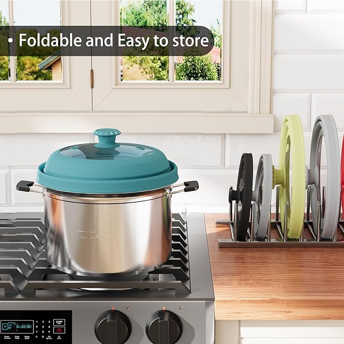 Collapsible Microwave Splatter Cover - Vented Silicone & Glass Lid with Easy-Grip Handle, Fits 6 to 8 Inch Plates & Bowls, 9 Inch Diameter, Prevents Splatters & Ensures Even Heating