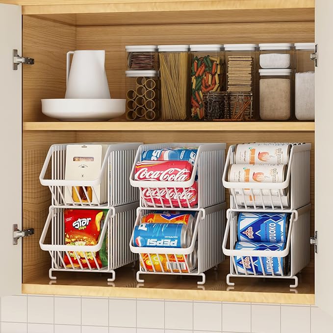 GILLAS 4 Pack Stackable Soda Can Organizer for Refrigerator, Can Holder Dispenser, Canned Food Storage Rack for Fridge, Kitchen, Countertops, Cabinets, White