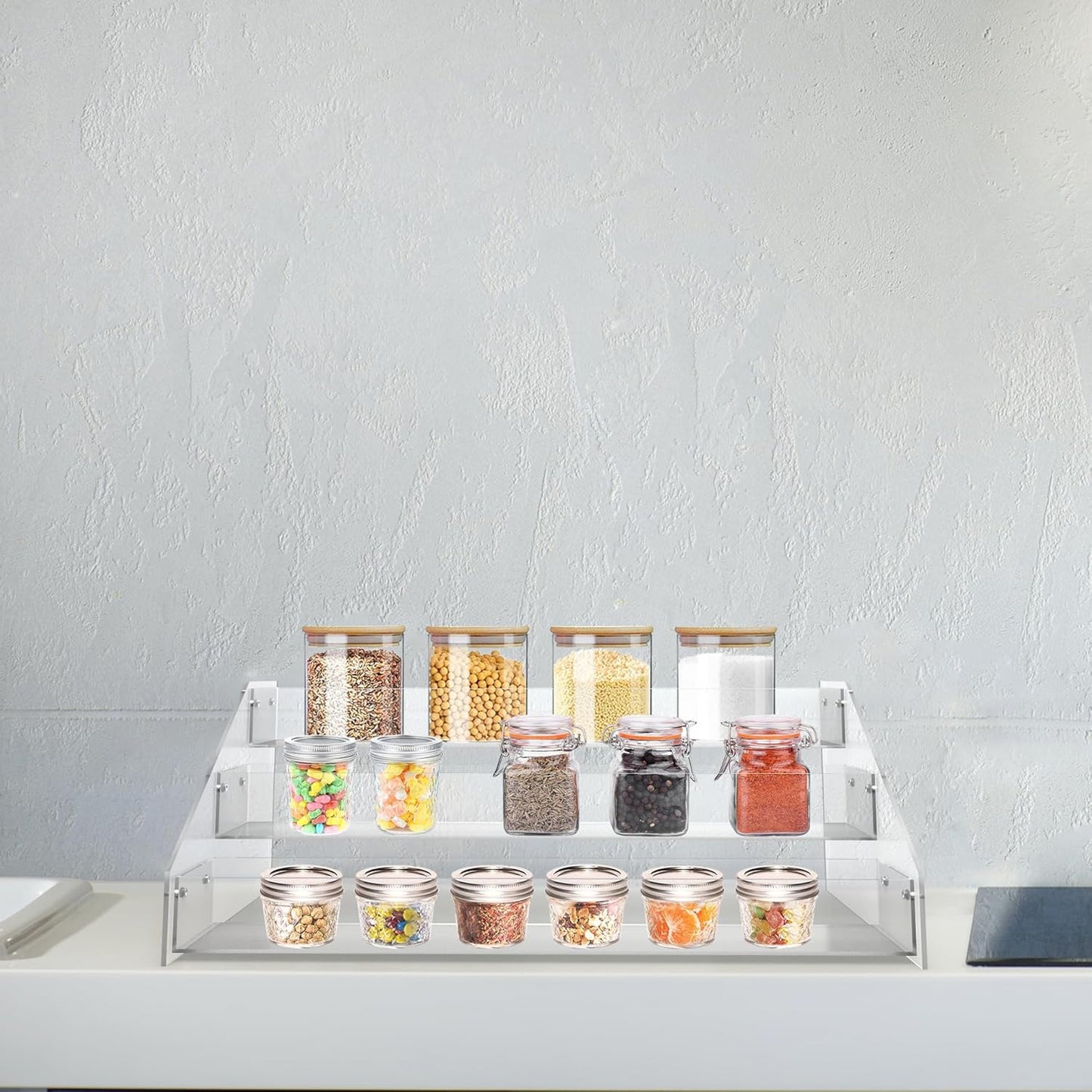 WUIVIUT Acrylic Tiered Spice Shelf Organizer, 3-Tier Transparent Countertop Spice Rack, 12.21 x 6.33 x 4.56 inches, Kitchen Pantry Storage
