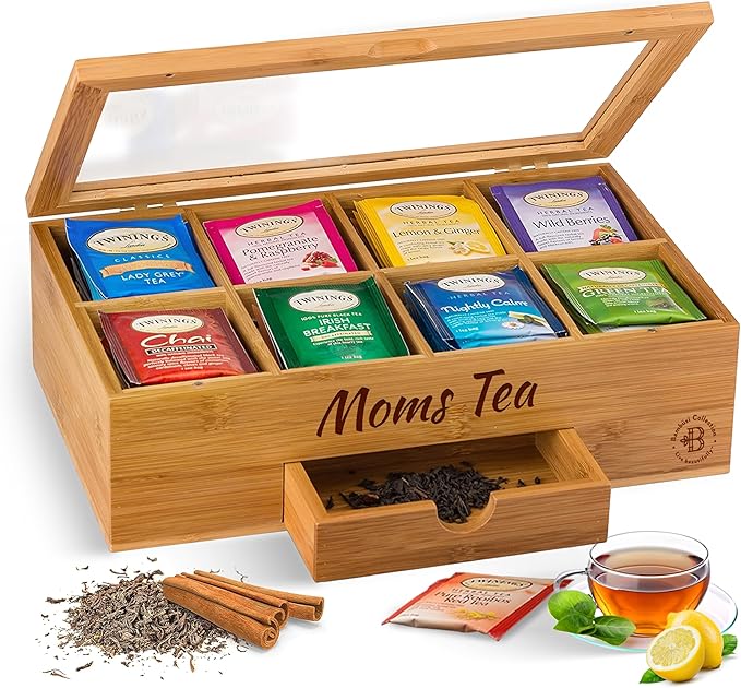 Bambüsi Personalized Tea Organizer - Engraved Bamboo Tea Box, 8 Compartments, Acrylic Window, Magnetic Lid - Unique Gift for Tea Enthusiasts