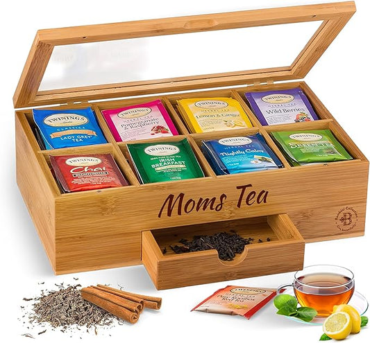 Bambüsi Personalized Tea Organizer - Engraved Bamboo Tea Box, 8 Compartments, Acrylic Window, Magnetic Lid - Unique Gift for Tea Enthusiasts