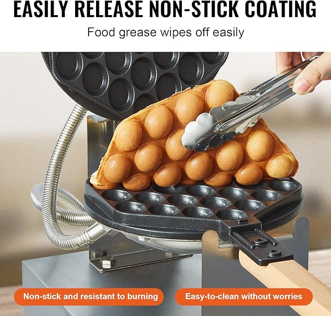 VEVOR Commercial Bubble Waffle Maker, 1400W Egg Pancake Baker Machine, Non-Stick Stainless Steel Egg Bubble Puff, 180° Rotatable, Temp and Time Control, Wooden Handle, for Restaurant Bakery Snack Bar