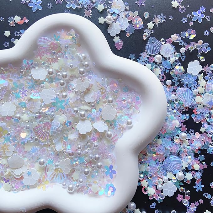 Sequins Holographic Polymer Clay Slices Nail Glitter 3D Holographic Snowflake Shell Butterfly Plum Blossom Nail Sequins Slices Polymer Clay Nail Decals for DIY Nail Decoration (White-51)