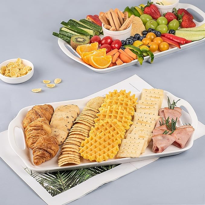 Serving Tray with Handles, 16"x 9.5" Large Serving Platter, White Porcelain Platters for Serving Food, Serving Platters and Trays for Parties, Entertaining, Dessert, Fruit, Turkey, 3-Pack, Rectangle