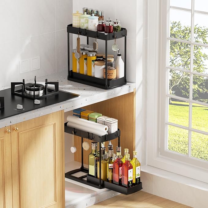 2 Pack Under Sink Organizer, Multi-Purpose Pull Out Cabinet Organizer and Storage for Bathroom & Kitchen, 2 Tier Sliding Cabinet Organizer Drawer