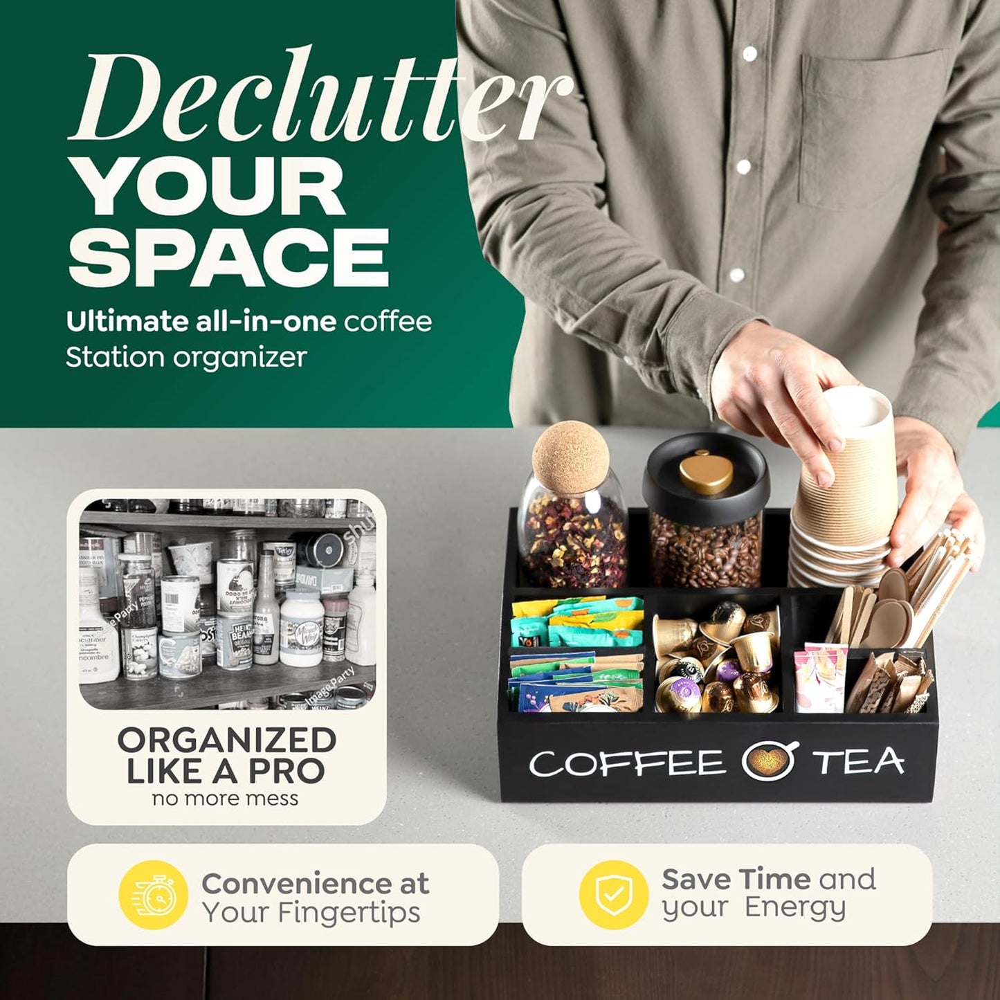 Vinvoli Coffee Station Organizer – Premium 2025 All-in-One Coffee Bar & Tea Organizer for Bar Accessories, Tea Storage, and Decor