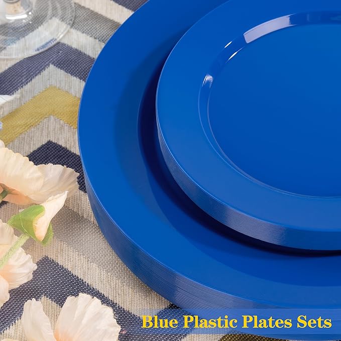 I00000 102 Pcs Blue Plastic Plates, Disposable Party Plates Include 51 Blue Dinner Plate 10’’ and 51 Plastic Dessert Plate 7’’ Perfect for Birthday, Party & Wedding