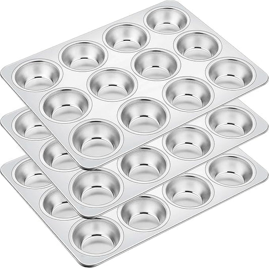 Homikit 3 Pack Muffin Pan, Stainless Steel Cupcake Tin with 12 Cups Regular Size, 13.8" x 10.4" Nonstick Metal Egg Bites Tray for Oven Baking, Non Toxic & Rust Free, Easy Release & Dishwasher Safe