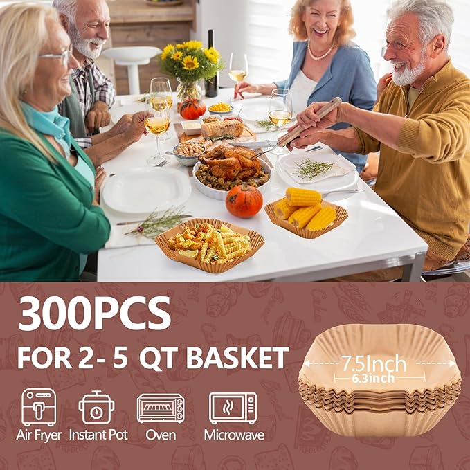UBeesize 7.5 Inch Air Fryer Paper Liners,300 PCS Parchment Paper, Air Fryer Disposable Paper Liners for Microwave, Non-Stick Sheets Square Free of Bleach（Bottom size 6.3 Inch）