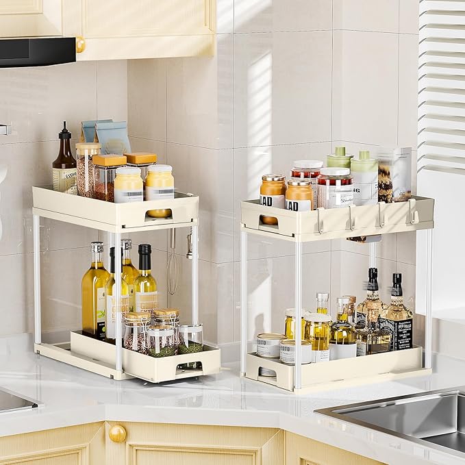 Delamu Under Sink Organizers and Storage, 2 Pack Pull Out Kitchen Bathroom Cabinet Organizer, 2 Tier Beige Under Sink Storage for Bathroom Kitchen