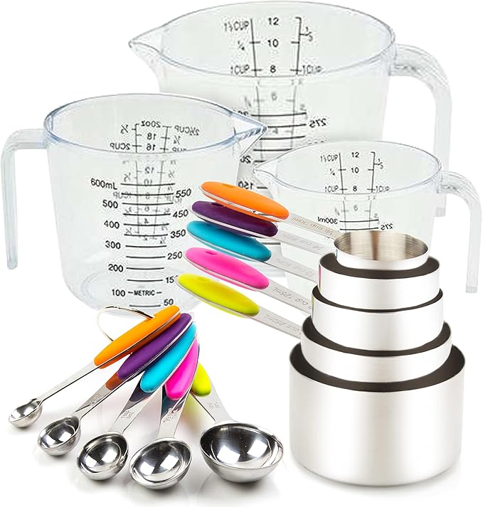 Measuring Cups and Spoons Set 13 Piece. Includes 10 Stainless Steel Measuring Spoons and Cups Set and 3 Plastic Measuring Cup. Liquid Measuring Cups Set and Dry Metal Measuring Cup Set