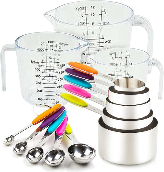 Measuring Cups and Spoons Set 13 Piece. Includes 10 Stainless Steel Measuring Spoons and Cups Set and 3 Plastic Measuring Cup. Liquid Measuring Cups Set and Dry Metal Measuring Cup Set