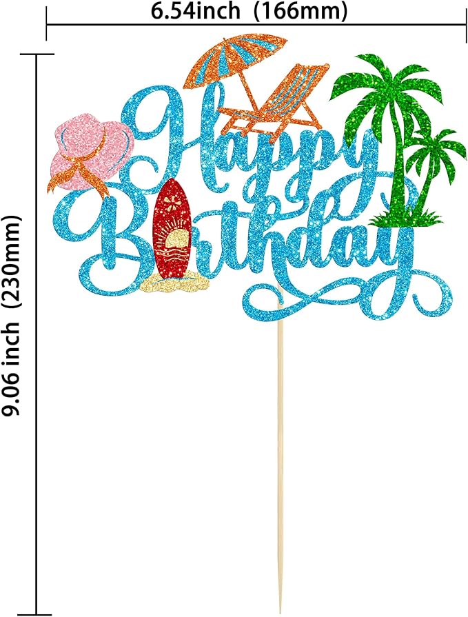 Gyufise 1Pcs Summer Beach Happy Birthday Cake Topper Glitter Ball Tree Umbrella Pool Cake Pick for Hawaiian Holiday Baby Shower Birthday Party Cake Decorations Supplies Blue