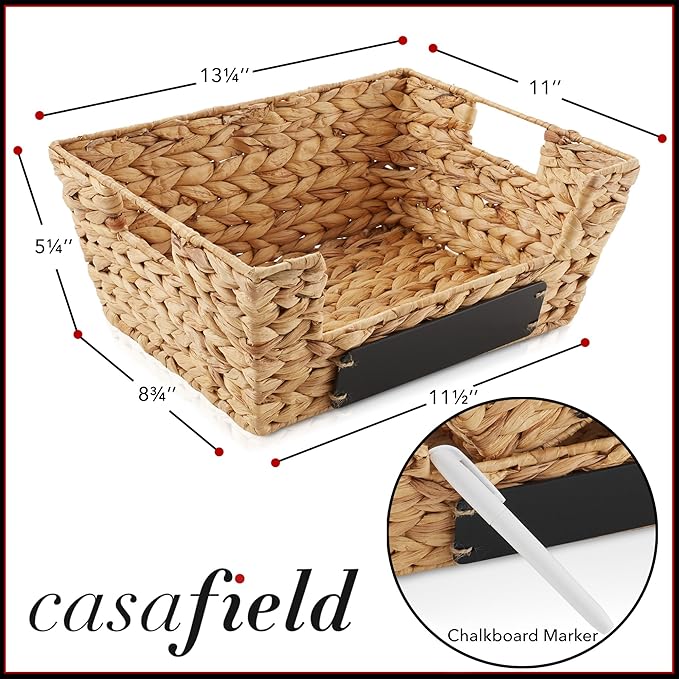 Casafield Set of 2 Water Hyacinth Pantry Baskets with Handles, Chalkboard Labels, and Marker - Natural, Wide Woven Storage Bin Organizers for Kitchen Shelves
