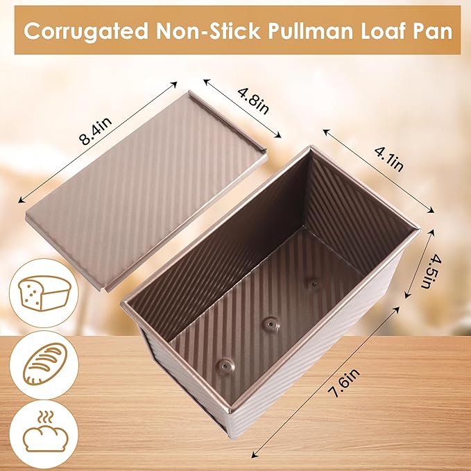 2pack Pullman Bread Pans with Lid, 1LB Capacity Bread Loaf Pan, Non-Stick, Easy Release Sandwich Bread Loaf Pan for Baking Homemade Bread