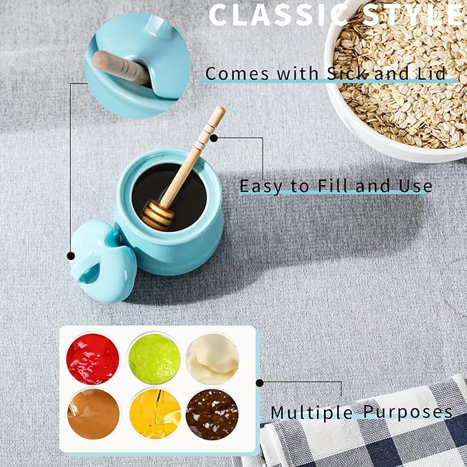 HAOTOP Ceramic Honey pot with Lid and Honey Dipper,Porcelain Honey Jar Easy to Clean and Dishwasher Safe,12oz (Blue)