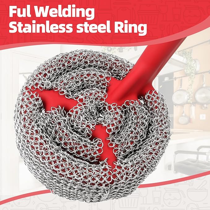 Cast Iron Chainmail Scrubber with Handle （ABS） - Cleaner for Pans and Pots - Premium Stainless Steel/Silicone Scraper for Skillets - Ergonomic Food-Safe Design - Easy to Clean Cookware Dish Brush