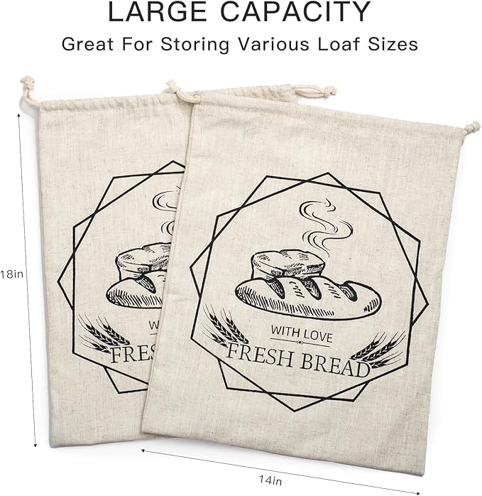Bread Bags for Homemade Bread,2 Pack Large Sourdough cookies Bags,reusable Linen muffins bag,cloth loaves container for kitchen fresh loaf Storage,with Drawstring Lining Homemade food storage bags